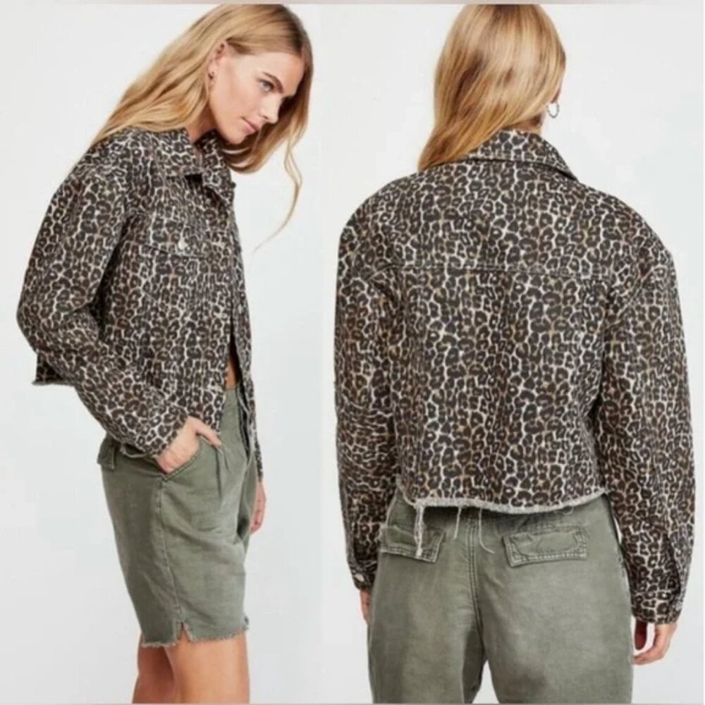 Free People Cheetah Leopard Cropped Denim Jacket Raw Edge L $108